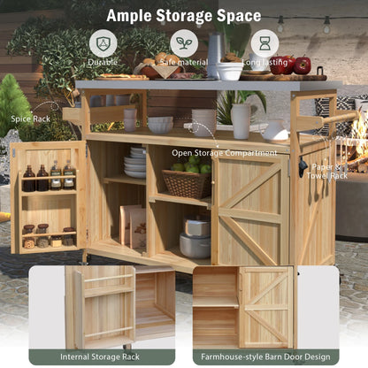 Outdoor Kitchen Island with Rolling Bar Cart and Storage Cabinet, Farmhouse Solid Wood Outdoor Grill Table with Stainless Steel Top, Spice Rack and Towel Rack for Kitchen & BBQ, Natural