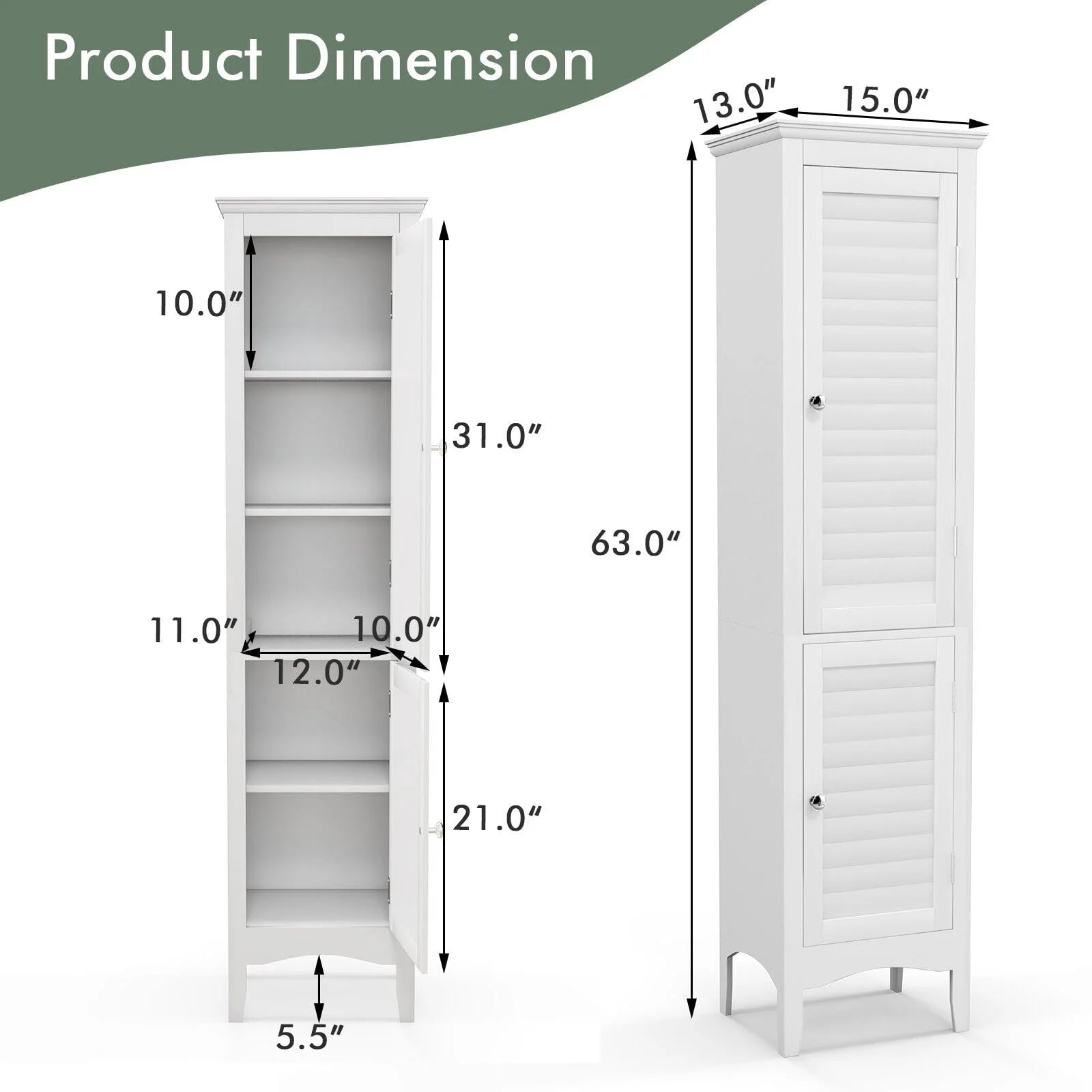 Vicamelia Bathroom Floor Cabinet Narrow Linen Tower w/2 Doors & Adjustable Shelf, Tall Kitchen Pantry Cabinet, White
