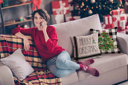 Husfou 4pcs Christmas Pillow Covers, 18x18 inch Linen Buffalo Plaid Merry Christmas Throw Pillowcase for Couch Xmas Winter Holiday Home Decorations