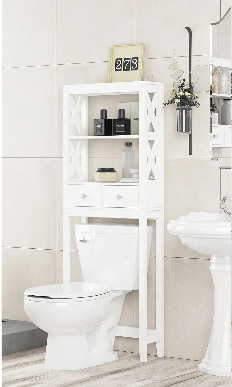 Spirich Home Modern X- Frame Bathroom Shelf Over The Toilet, Bathroom Shelf with Two Drawers, Bathroom Spacesaver, White Finish