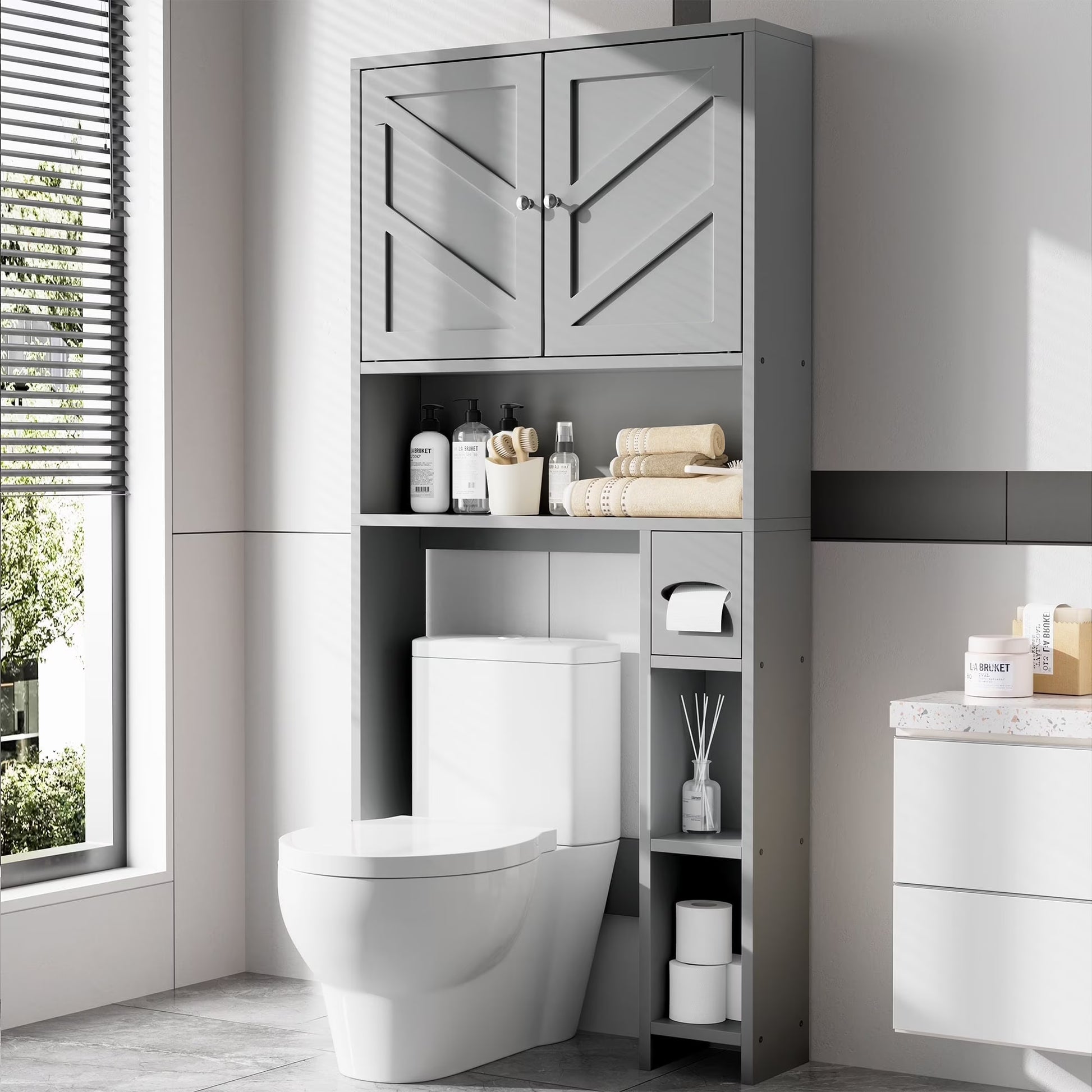 Walsunny Over the Toilet Storage Cabinet with Doors Side Storage Toilet Paper Holder Stand Space Saver Shelf Organizer Rack Freestanding for Restroom Bathroom Laundry Gray