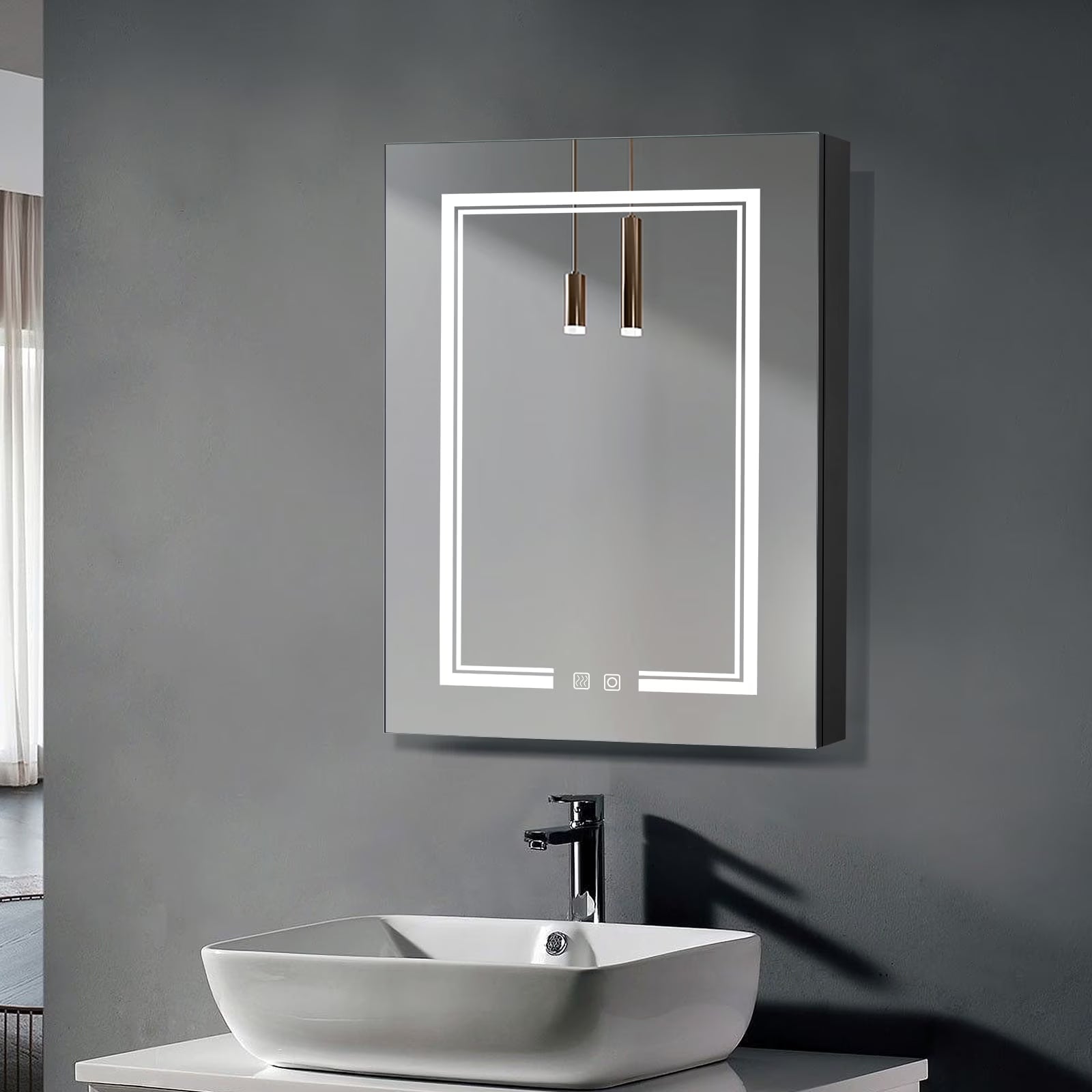 Ktaxon 20"x28", LED Bathroom Medicine Cabinet with Mirror Lighted, Wall Mounted Storage Cabinet w/Dimmable, Memory function, Outlets & USB, Black