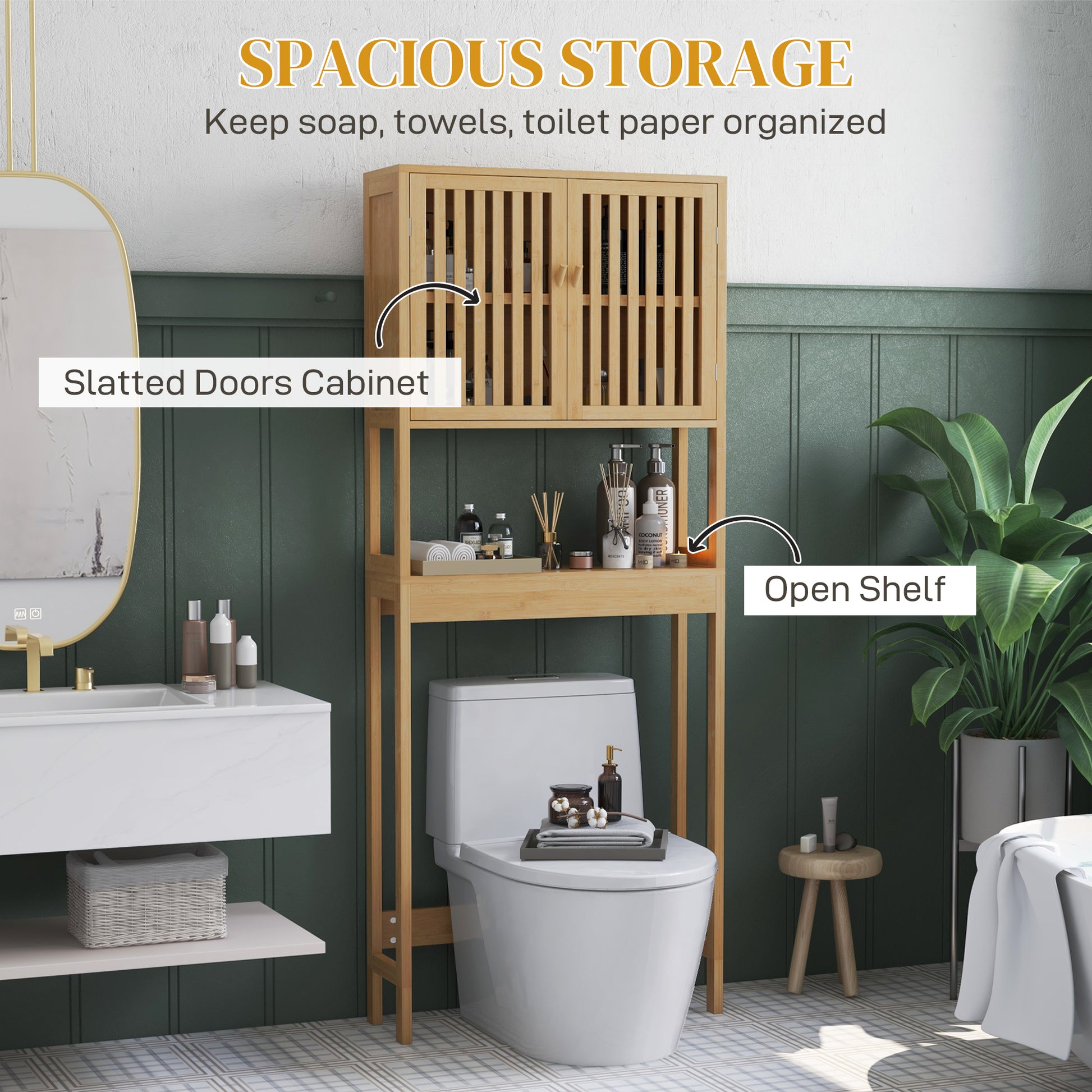 HOMCOM Bamboo Over the Toilet Storage Cabinet, Bathroom Space Saver Above Toilet with Double Slatted Doors, Adjustable Shelf and Open Shelf, Natural