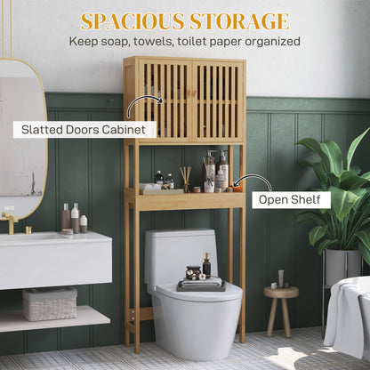 HOMCOM Bamboo Over the Toilet Storage Cabinet, Bathroom Space Saver Above Toilet with Double Slatted Doors, Adjustable Shelf and Open Shelf, Natural