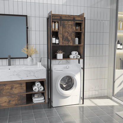 PWFE Farmhouse Over Toilet Bathroom Organizer, Freestanding Over The Toilet Storage Cabinet with Sliding Barn Door, Bathroom Space Saver Toilet Stands(Tan with metal frame)