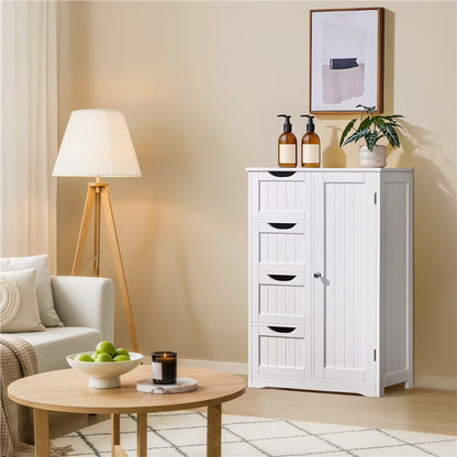 Yaheetech Wooden Cabinet Storage Unit with 4 Drawers & Cupboard for Bathroom, White