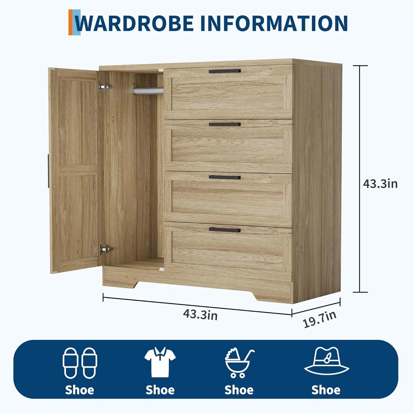 43.3" H Armoire Wardrobe Closet with 4 Drawers & Hanging Rod, Multifunctional Wood Storage Cabinet for Bedroom, Natural Oak