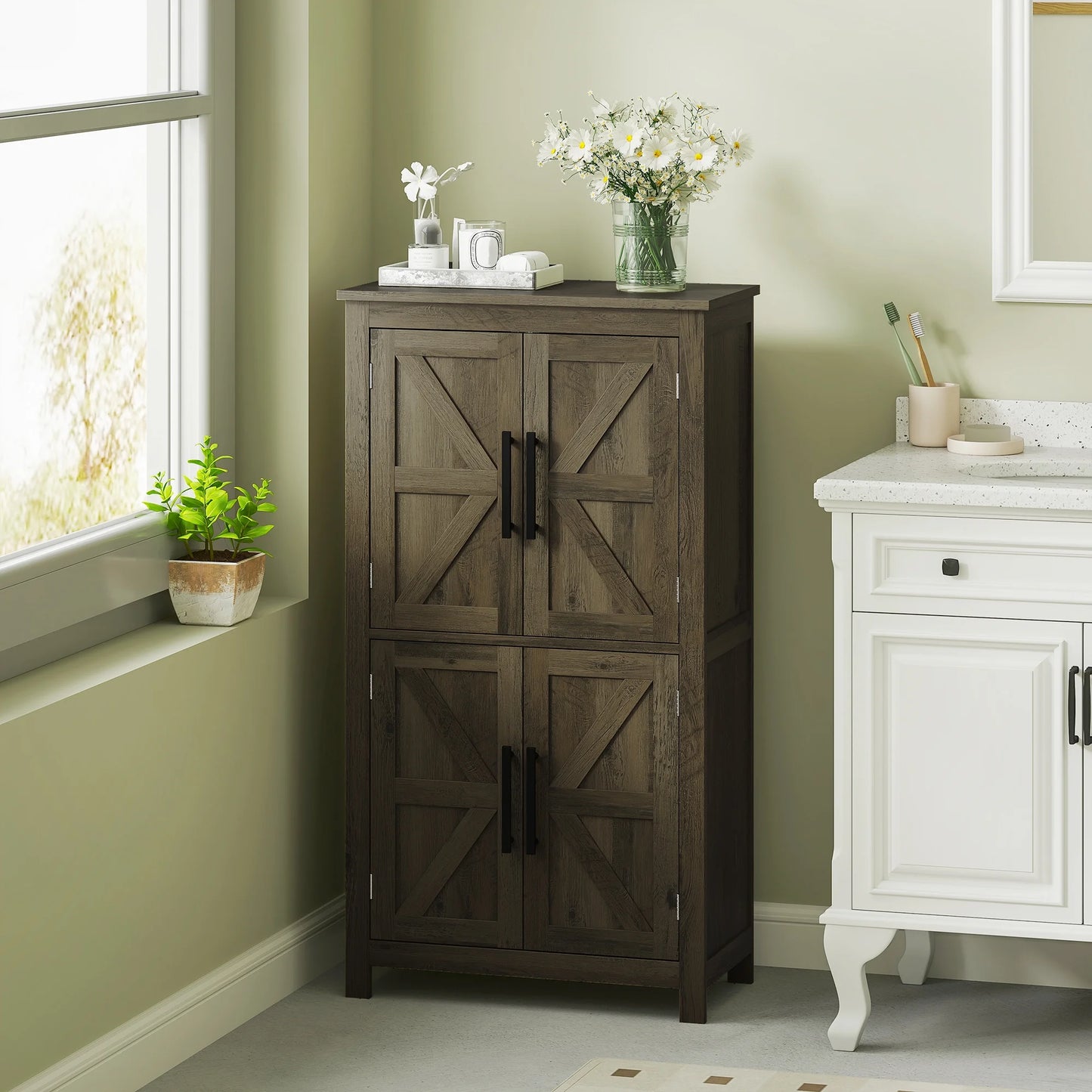 HOMCOM Bathroom Floor Cabinet, Farmhouse Bathroom Cabinet with Doors, Brown