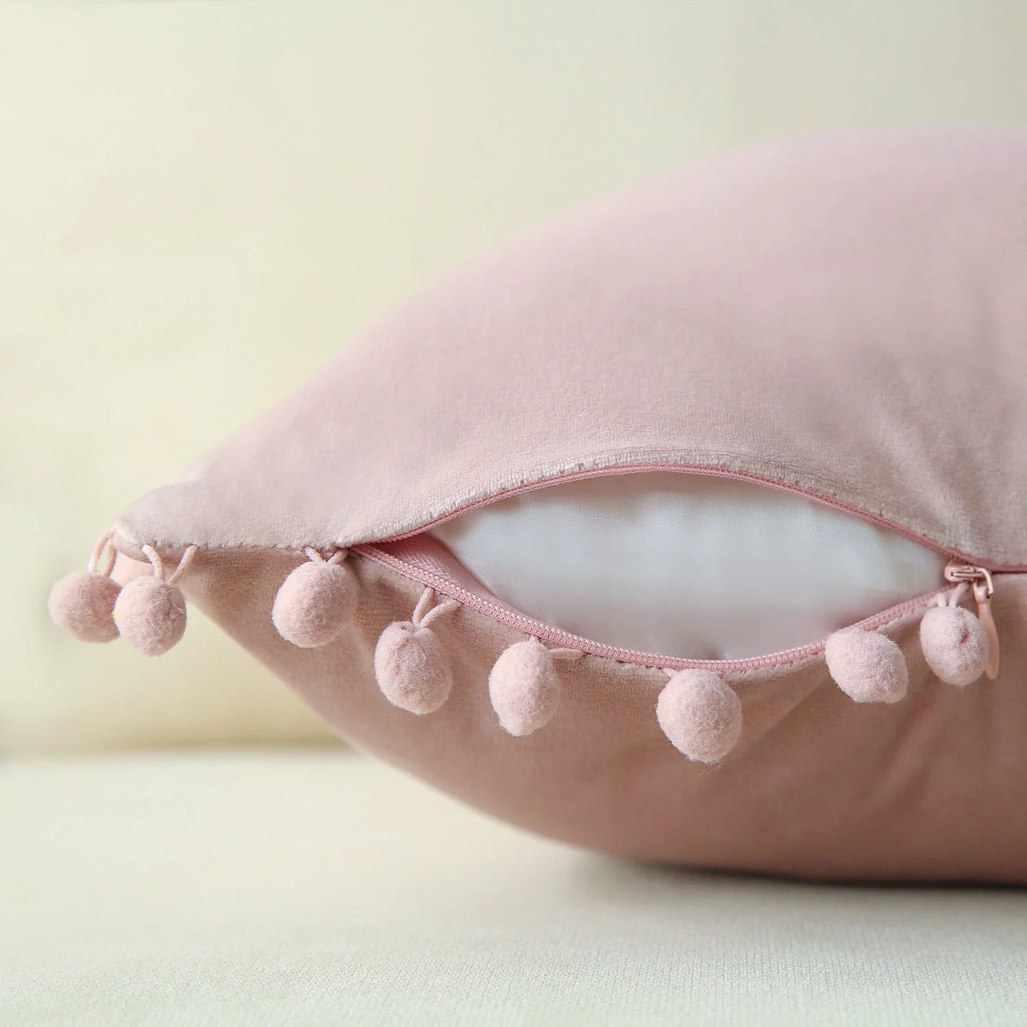 Phantoscope Pom Pom Velvet Series Decorative Throw Pillow, 18" x 18", Light Pink, 2 Pack