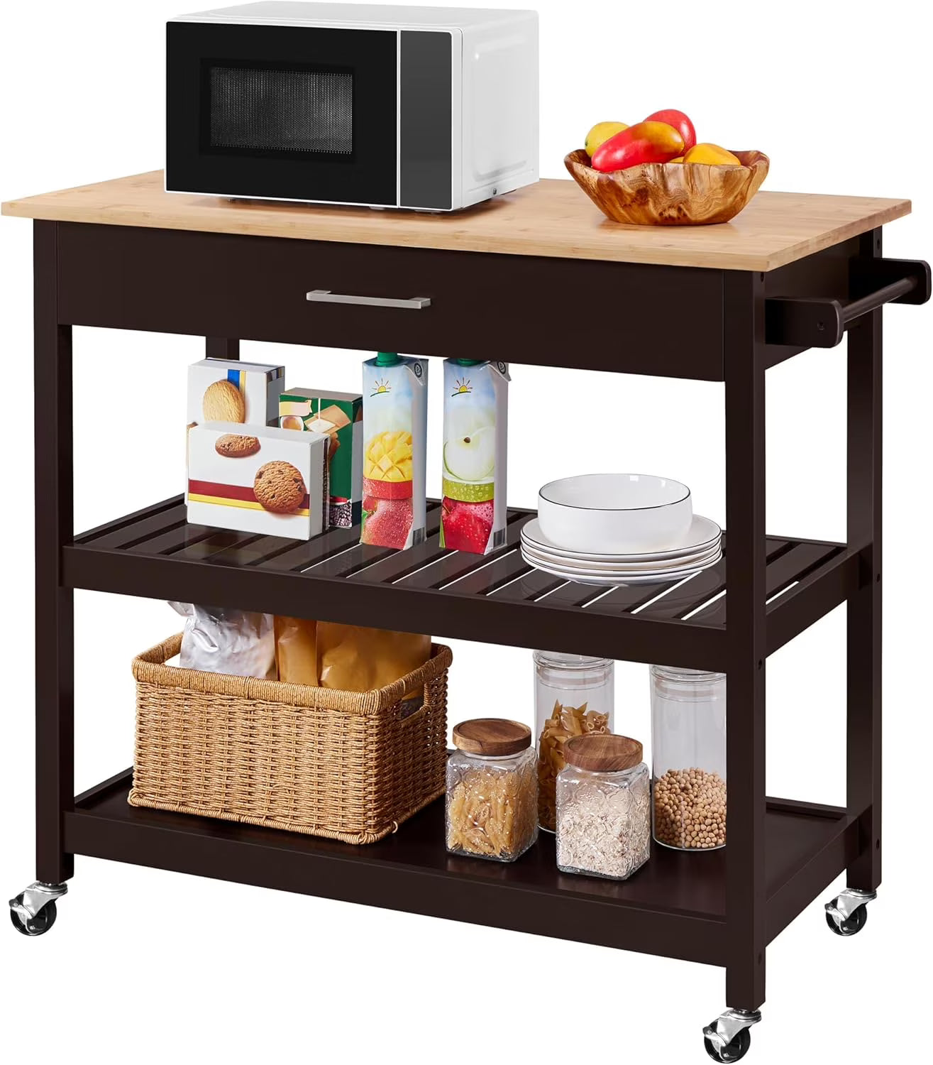 Hyxoo Kitchen Island Cart on Wheels with Bamboo Tabletop, 3-Tier Rolling Kitchen Island Microwave Cart with Drawer, Detachable Towel, 3 Hooks40"W x 20"D x 36.5"HEspresso