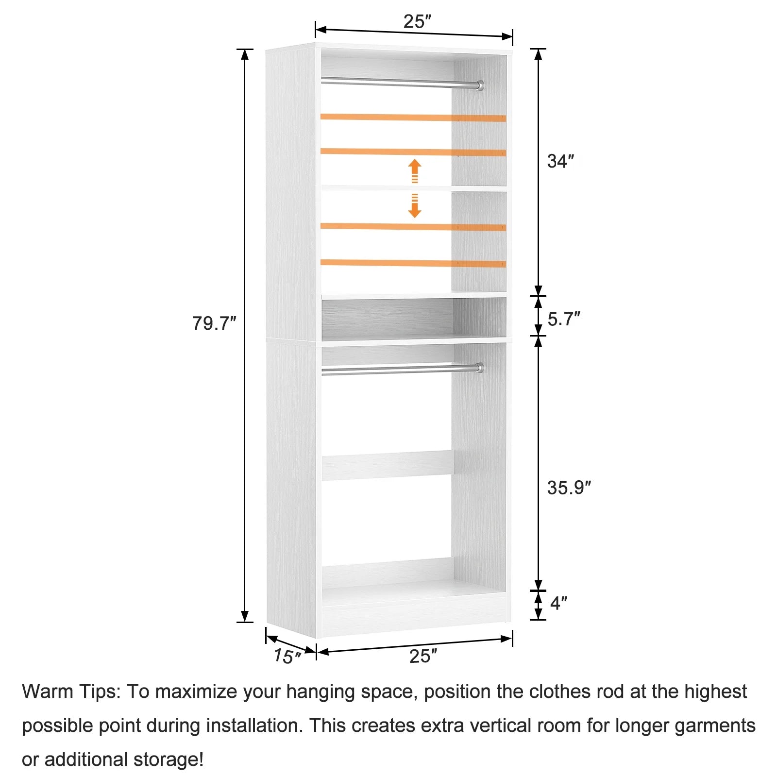 Homieasy 25°?Closet System, Freestanding Closet Organizer Wardrobe with Hanging Rods and Shelves, Adjustable Clothes Garment Rack, Sturdy Walk in Closet Tower, White