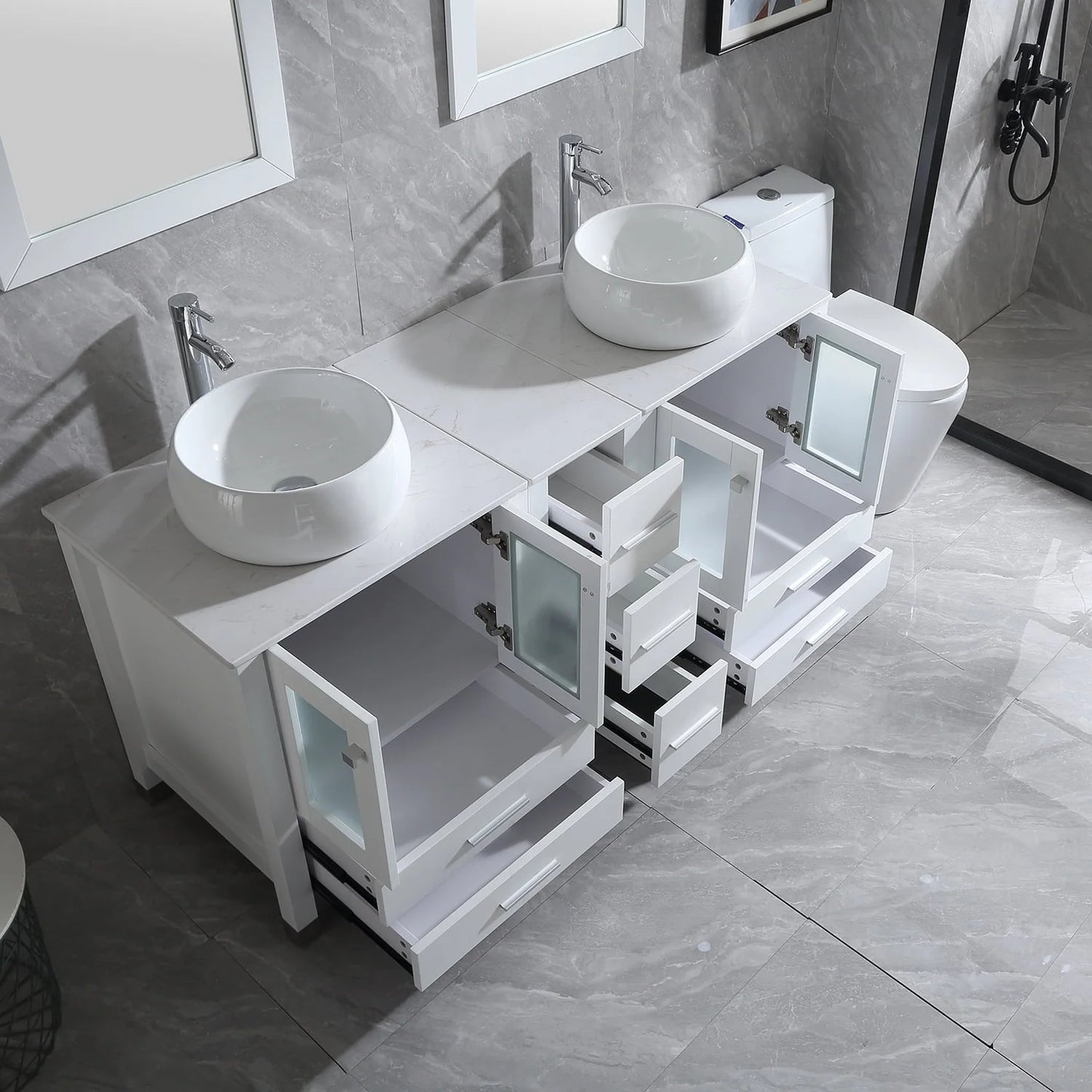 Wonline 60" Bathroom Vanity Wood Cabinet Double Ceramic Sink w/Mirror White