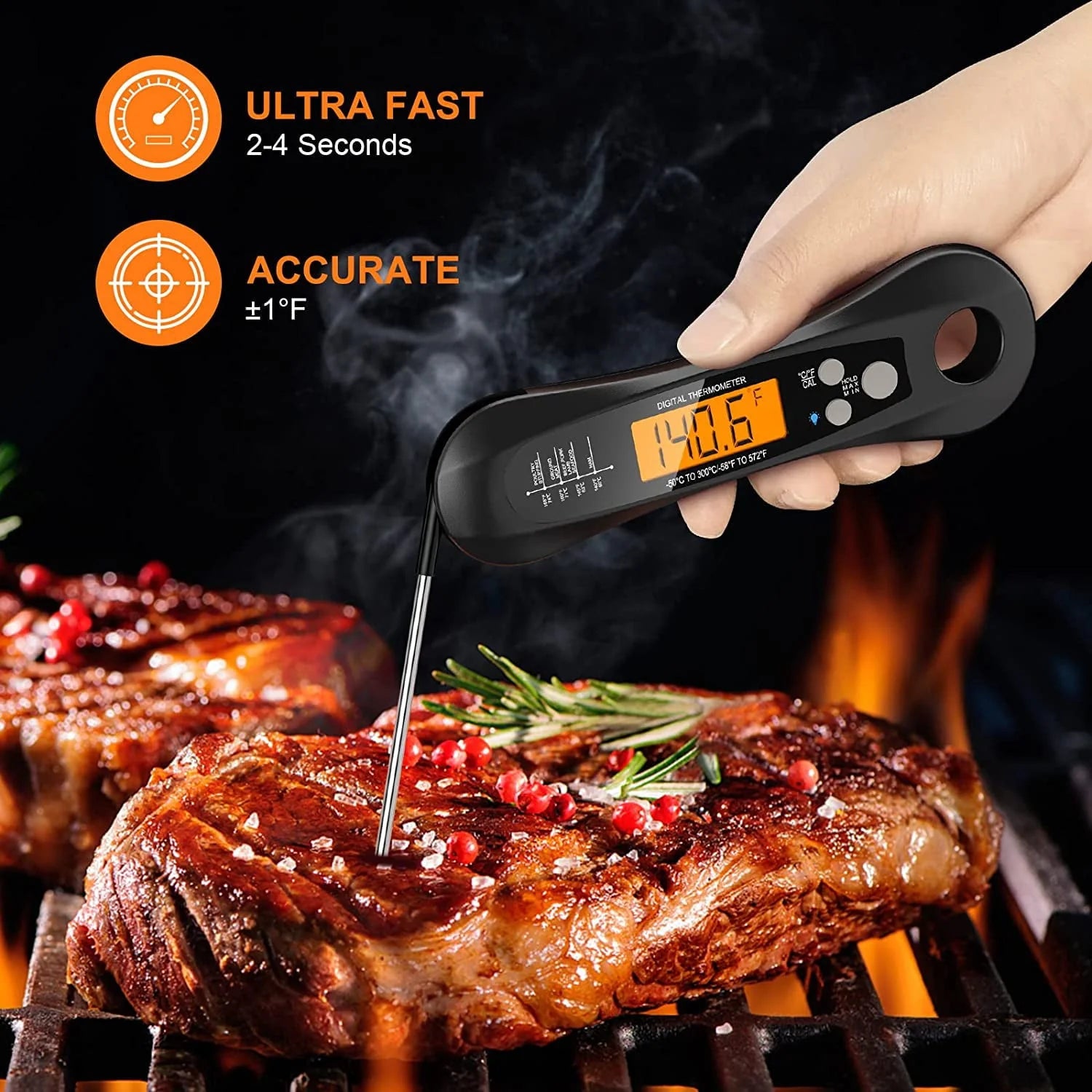 BEYCED Instant Read Digital Meat Thermometer,IP67 Waterproof Grill Thermometer with Magnet,Foldable Probe,Acklight,Calibration,Fast & Precise Reading for Kitchen,Cooking,BBQ,Candy,Beef,Turkey