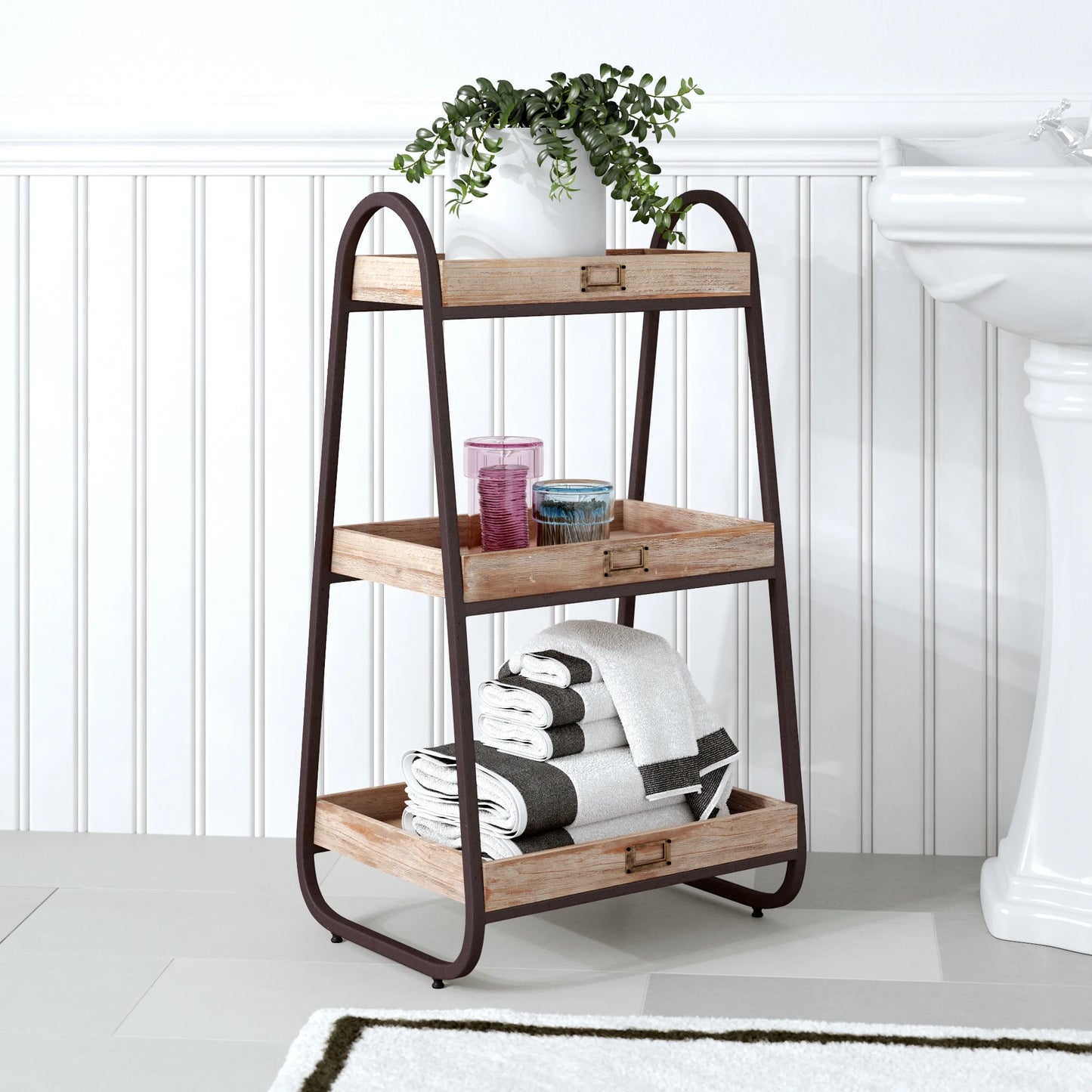 Linon Three Tiered Bath Stand, Rustic Brown, 32.5 inches Tall
