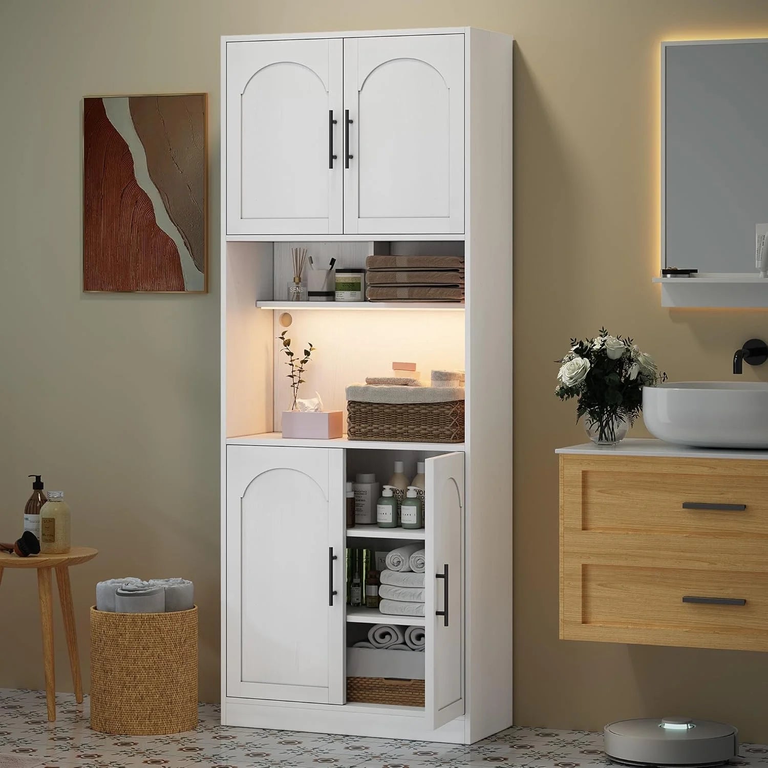 71° Tall Kitchen Pantry Storage Cabinet with Microwave Shelf and LED Light, Storage Cabinet with Door and Shelve, Hutch Cabinet with Storage for Dining Room, Living Room, Bathroom, White