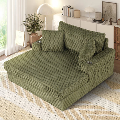 Aukfa Oversized Chaise Lounge Loveseat Couch with 2 Cup Holders& Throw Pillows, Fluffy Corduroy, Olive Green