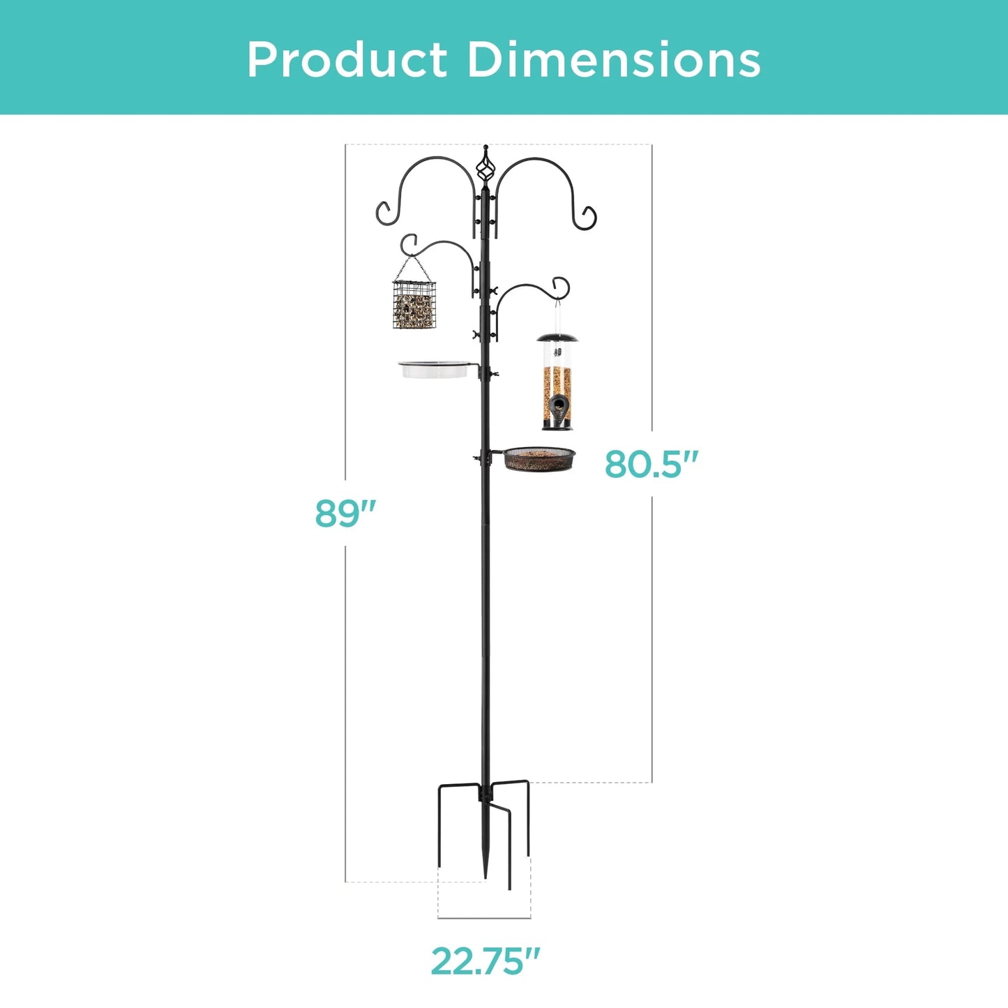 Best Choice Products 91in 4-Hook Bird Feeding Station, Steel Multi-Feeder Stand w/2 Feeders, Tray, Bird Bath - Black
