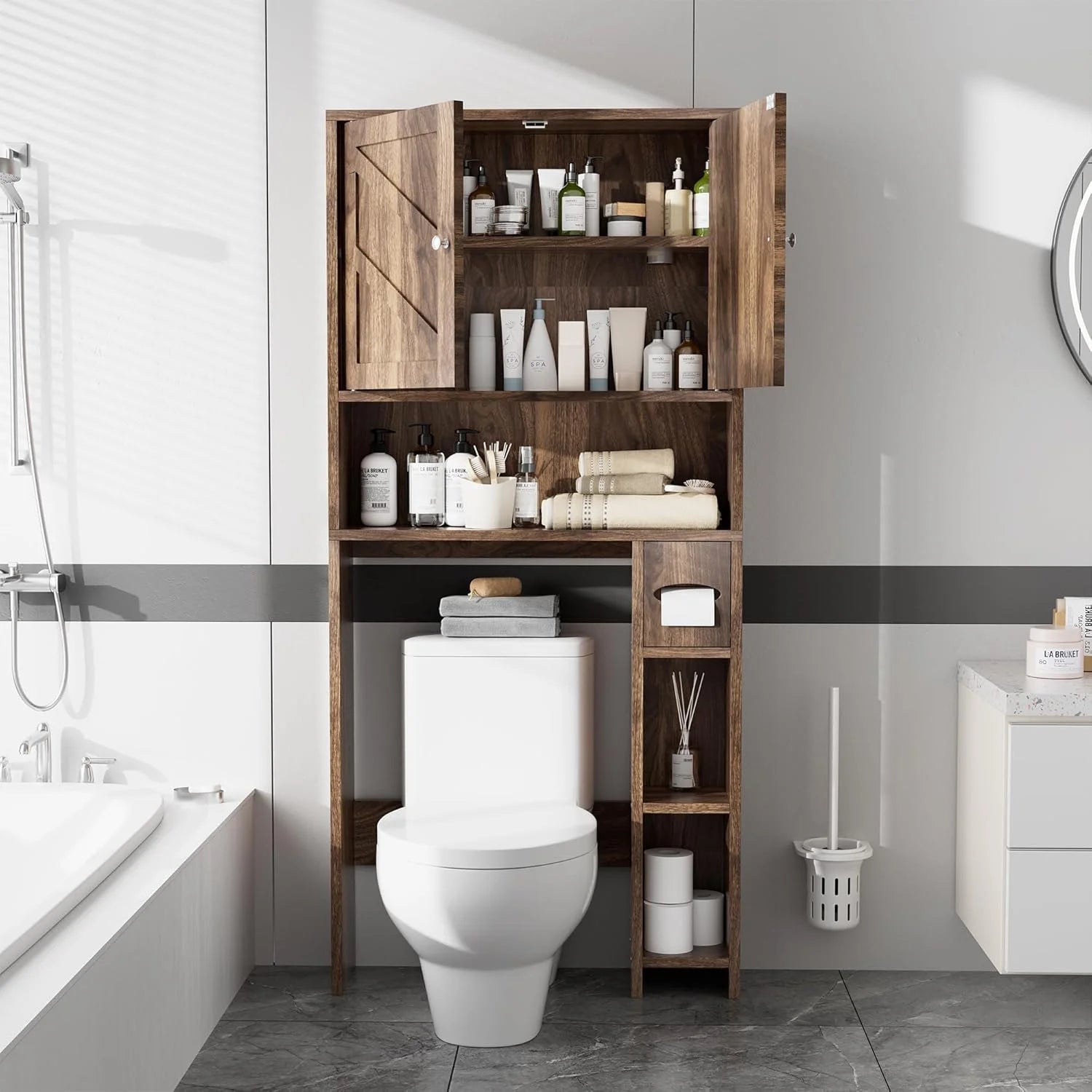 Killeryuki Over The Toilet Storage Cabinet, Farmhouse Storage Cabinet Over Toilet with Toilet Paper Holder Stand, Freestanding Bathroom Storage Organizer Space Saver W/Adjustable Shelf, Walnut