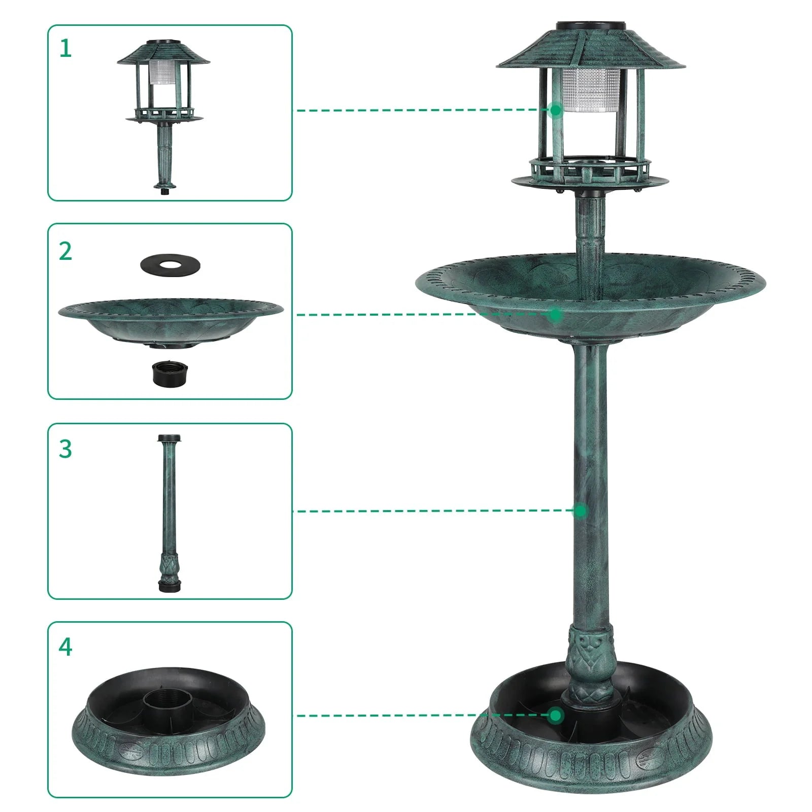 UBesGoo Bird Bath Dark Green 42 Inch w/Solar Light Antique Copper Weather Resistant Birdbaths
