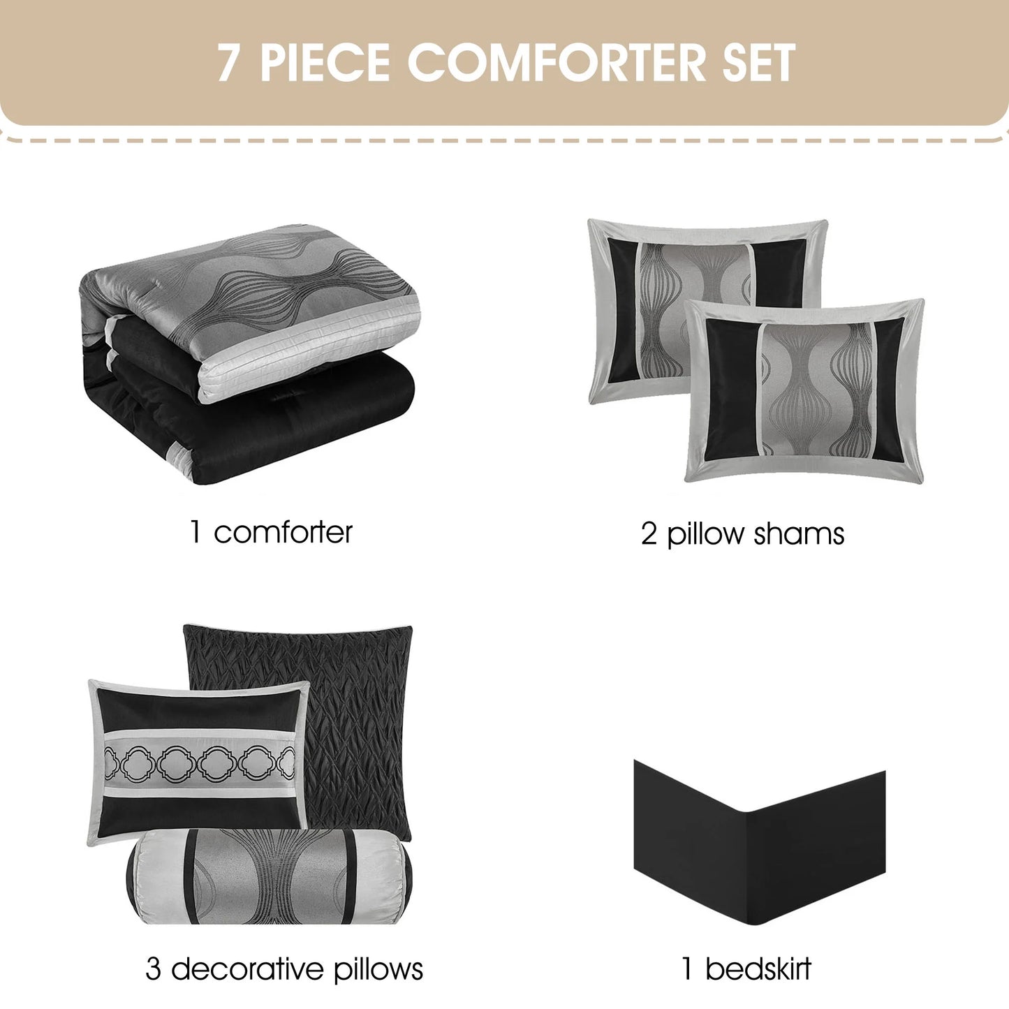 Lanco Black Silver Comforter Set , California King Size , 7 Pieces Fashion Jacquard Bedding Set