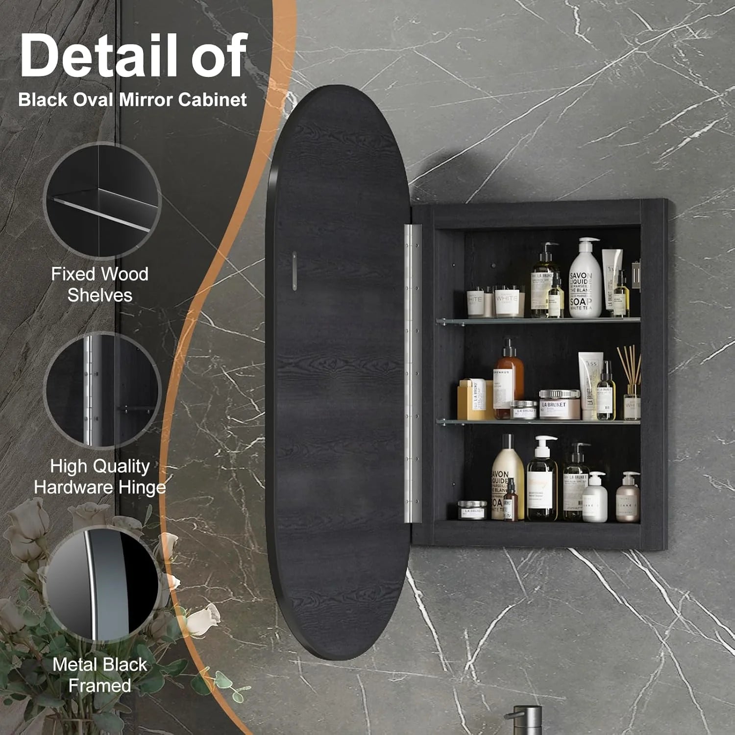 Oval Medicine Cabinet Mirror for Bathroom,Recessed Black Medicine Cabinet with Mirror, Brushed Black Mirror Cabinet with 3 Storage,Metal Edge,Wall Mounted,16x31Inch