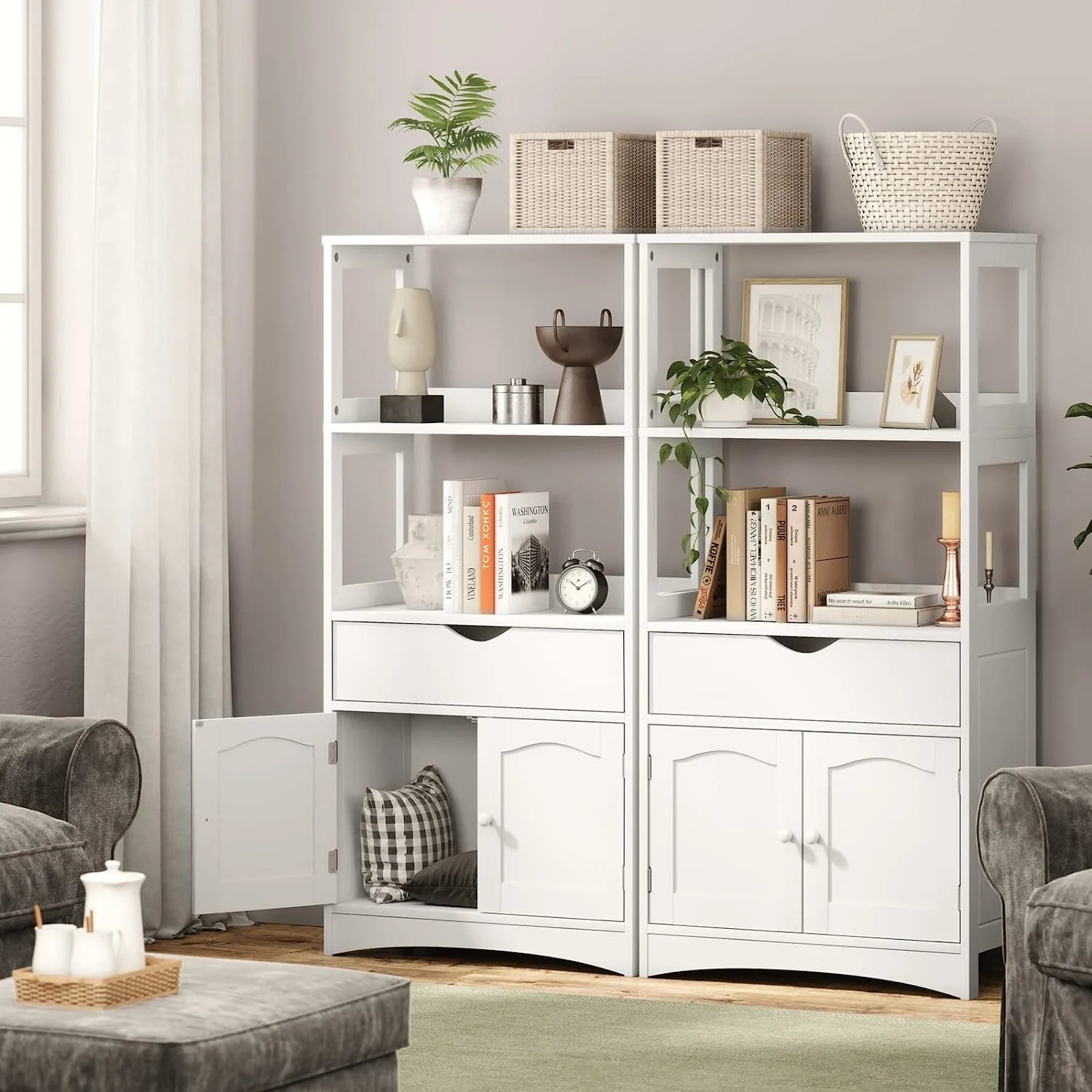 Sideboard Storage Cabinet with Drawer& Shelves, Kitchen Pantry Storage Cabinet with Microwave Space& Cupboard, Modern Freestanding Floor Bathroom Cabinet/Bookshelf for Home Office, White