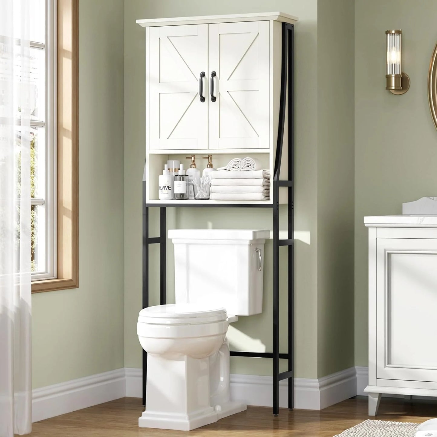 Over The Toilet Storage Cabinet, Over Toilet Bathroom Organizer, Above Toilet Storage Cabinet with Barn Doors Behind Toilet Bathroom Organizer Over-The-Toilet Cabinet (Cream White)