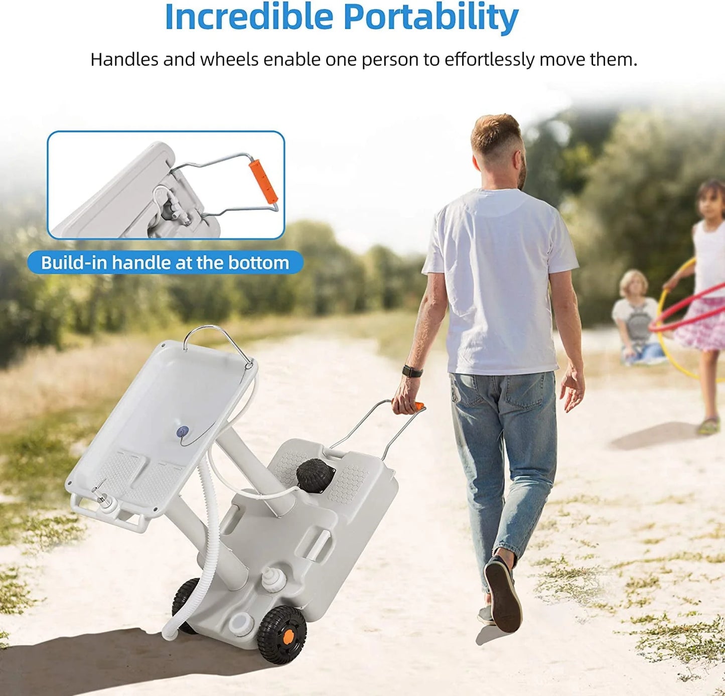 Portable Camping Sink with Rolling Wheels, Hand Washing Station with 30 L Water Capacity, Soap Dispenser, Towel Holder, Ideal for Outdoor