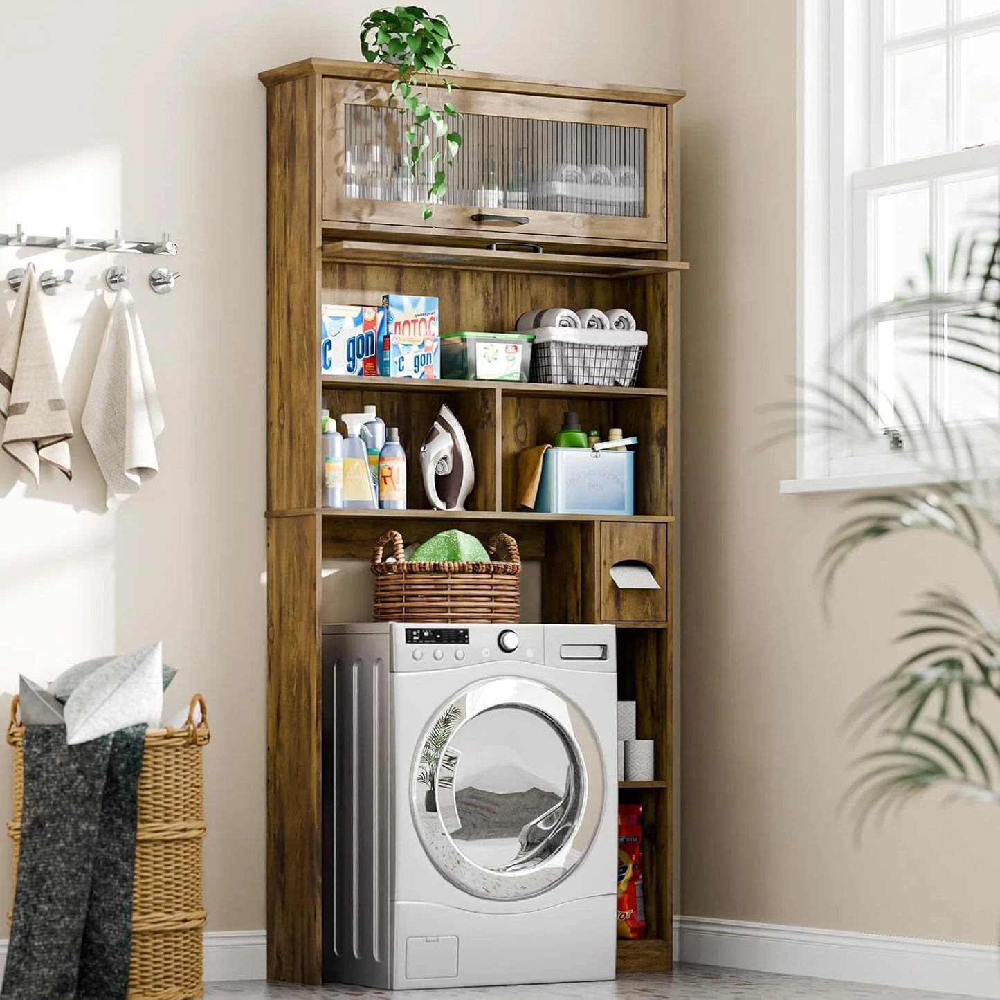 Over The Toilet Storage Cabinet with Transparent Door, Toilet Paper Storage Cabinet with Multi Layer Shelves Suitable for Bathroom, Laundry Room, Freestanding Bathroom Storage Rack,Brown