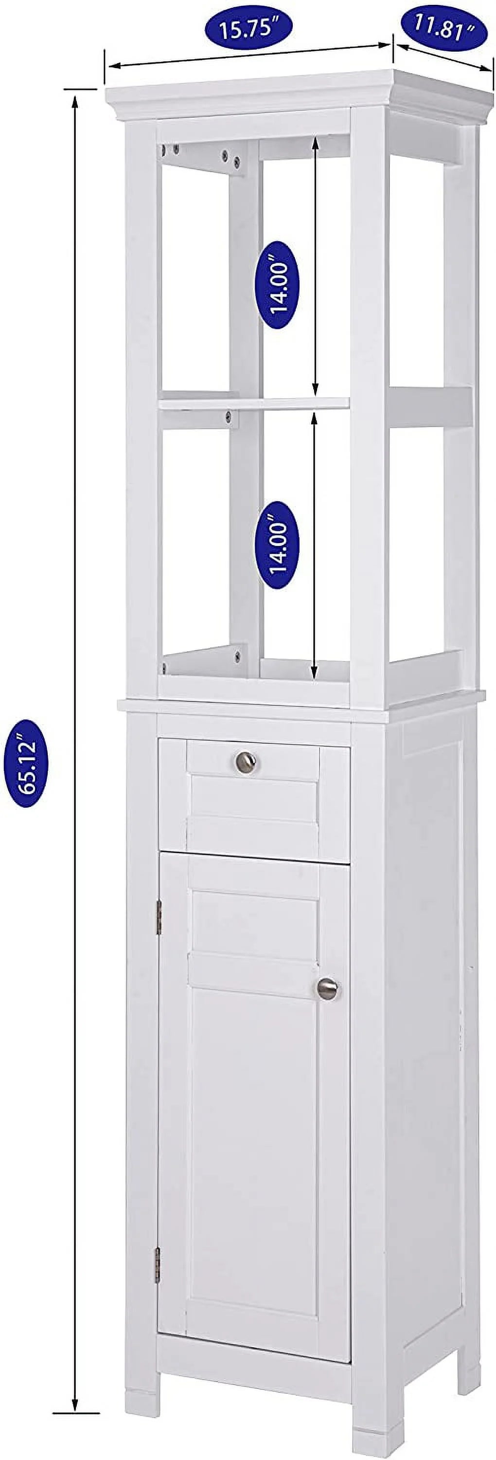 Spirich Home Bathroom Freestanding Storage Cabinet with Two Tier Open Shelves, Tall Slim Cabinet with Door and Drawer, Free Standing Linen Tower 15.75 ''(White with Drawer)