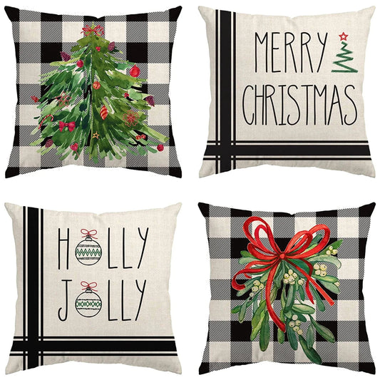 Husfou 4pcs Christmas Pillow Covers, 18x18 inch Linen Buffalo Plaid Merry Christmas Throw Pillowcase for Couch Xmas Winter Holiday Home Decorations