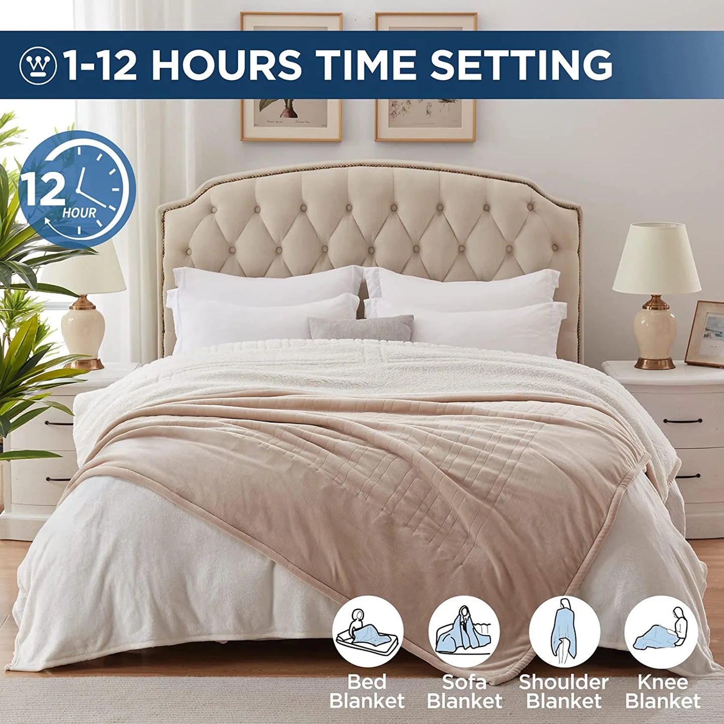 Westinghouse Electric Blanket Heated Blanket | 10 Heating Levels & 1 to 12 Hours Heating Time Settings | Flannel to Sherpa Reversible 84x90 Queen Size | Machine Washable - Beige