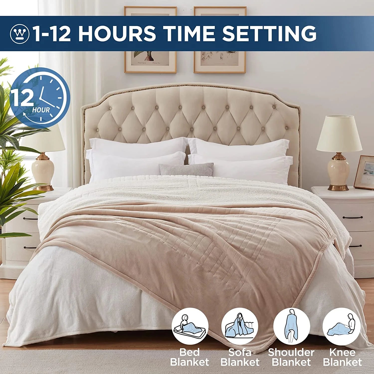 Westinghouse Electric Blanket Heated Blanket | 10 Heating Levels & 1 to 12 Hours Heating Time Settings | Flannel to Sherpa Reversible 84x90 Queen Size | Machine Washable - Beige