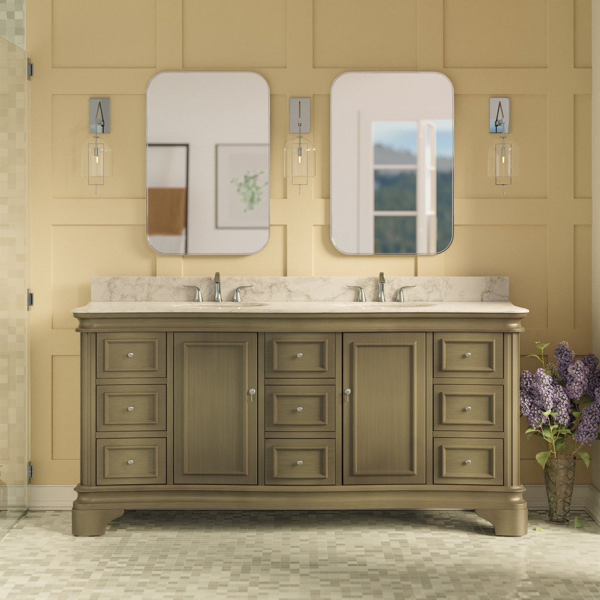 Katherine 72" Double Bathroom Vanity with White Cabinet and Carrara Marble Top