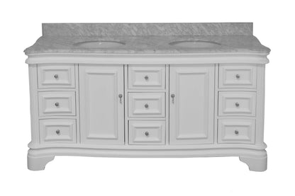 Katherine 72" Double Bathroom Vanity with White Cabinet and Carrara Marble Top
