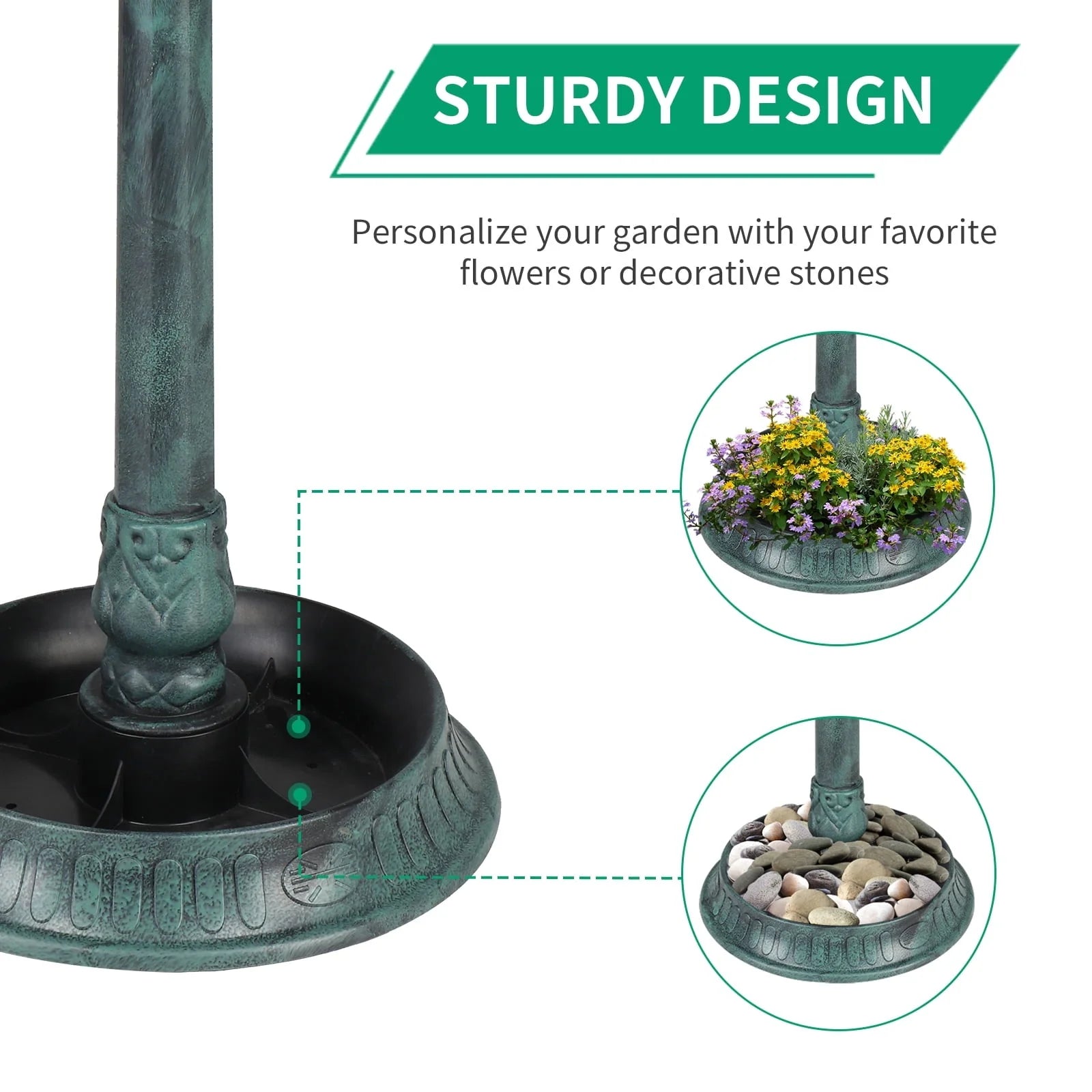 UBesGoo Bird Bath Dark Green 42 Inch w/Solar Light Antique Copper Weather Resistant Birdbaths
