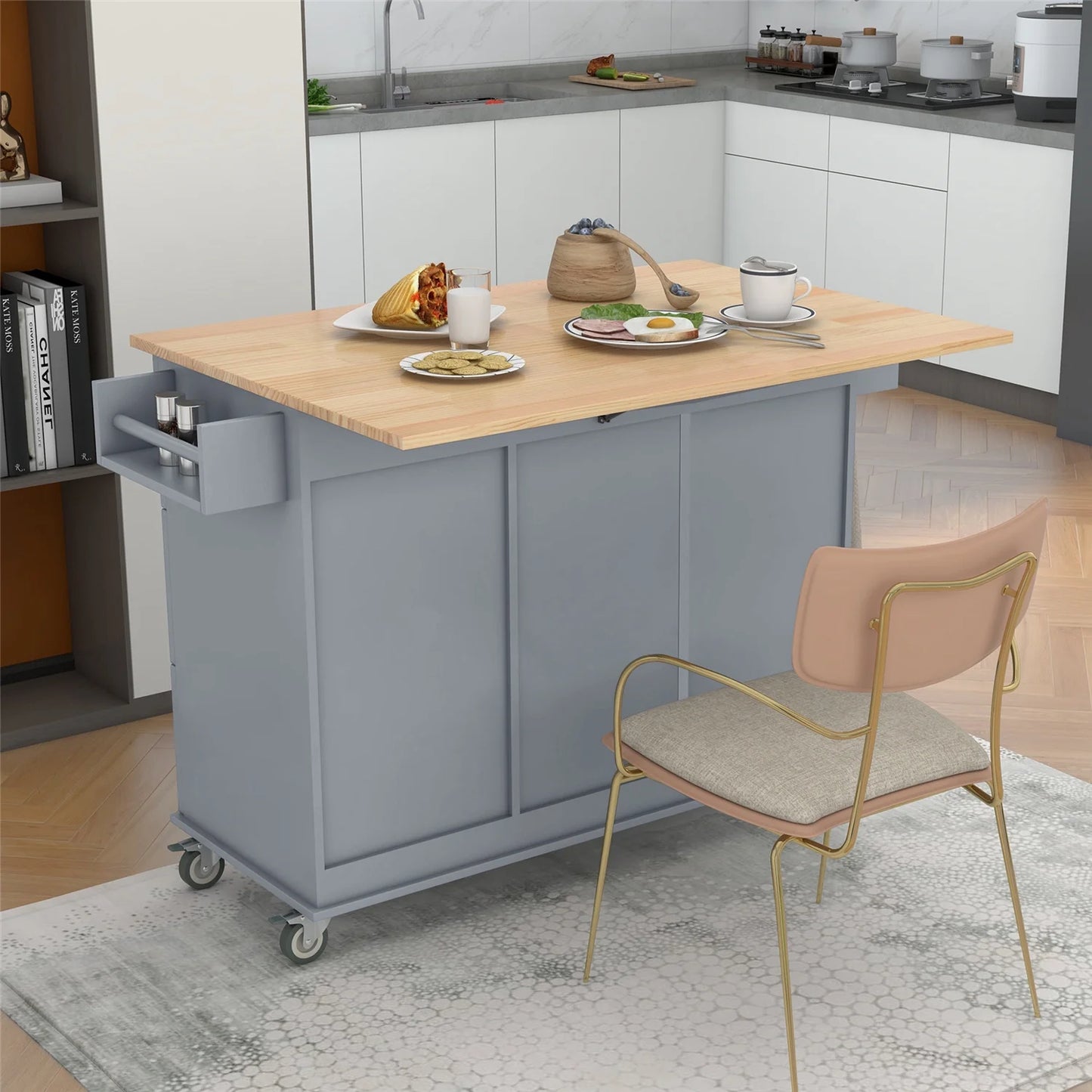 Kitchen Island Cart with Foldable Drop-Leaf Tabletop and Locking Wheels, 52.7" Rolling Kitchen Island Cart with 2 Door Cabinet and 3 Storage Drawers, Spice Rack and Towel Rack, Grey Blue