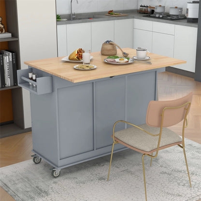 Kitchen Island Cart with Foldable Drop-Leaf Tabletop and Locking Wheels, 52.7" Rolling Kitchen Island Cart with 2 Door Cabinet and 3 Storage Drawers, Spice Rack and Towel Rack, Grey Blue