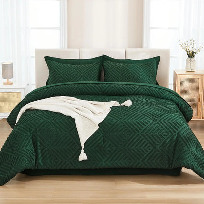 Queen Comforter Set 7 Piece Dark Emerald Green - Bed in a Bag Queen Boho Lightweight Fluffy Tufted Bedding Sets with Comforter, Sheets, Pillowcases & Shams