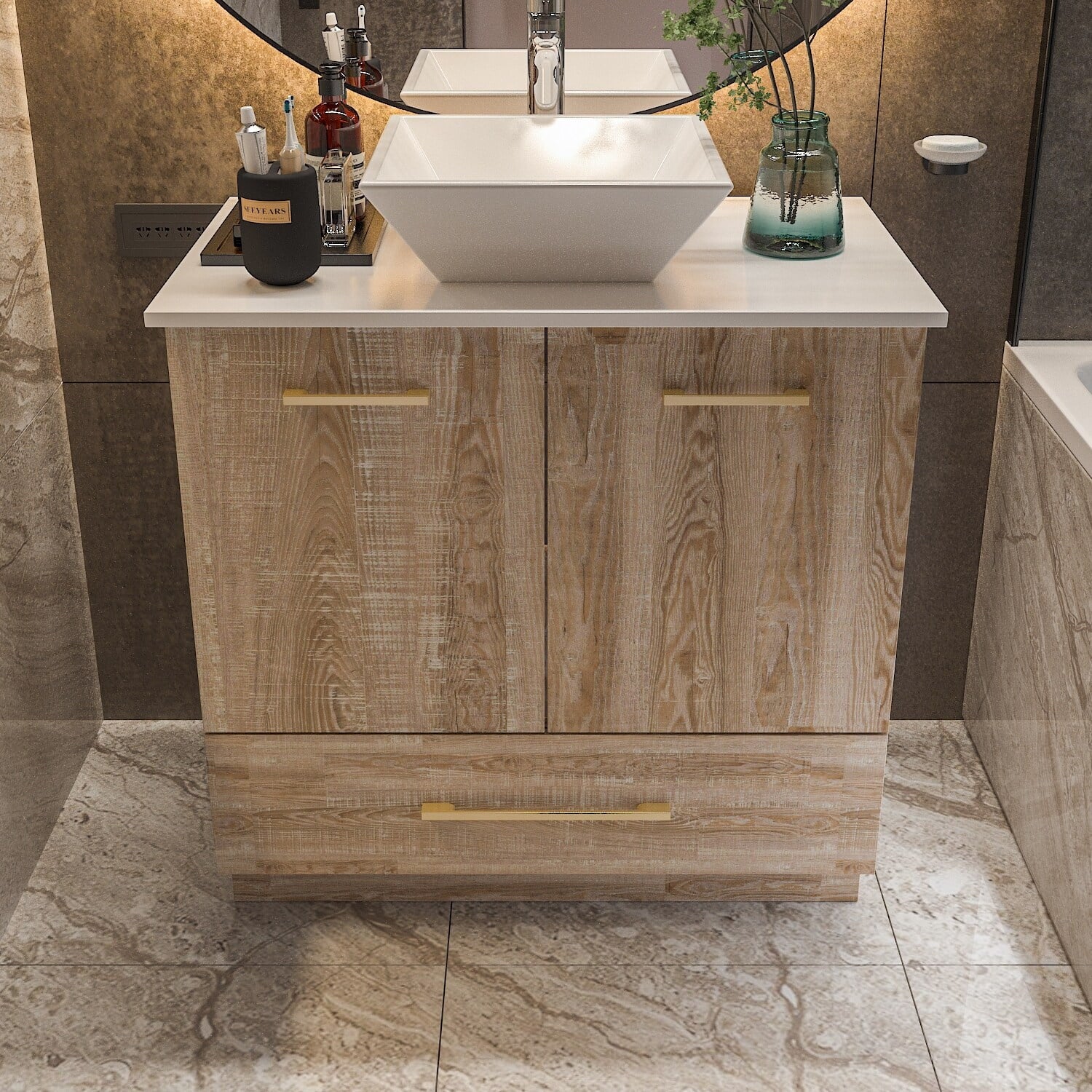 FUFU& GAGA Gleaming Vanity Set Ceramic Basin and LED Mirror Cabinet Combo Bathroom Vanity Only