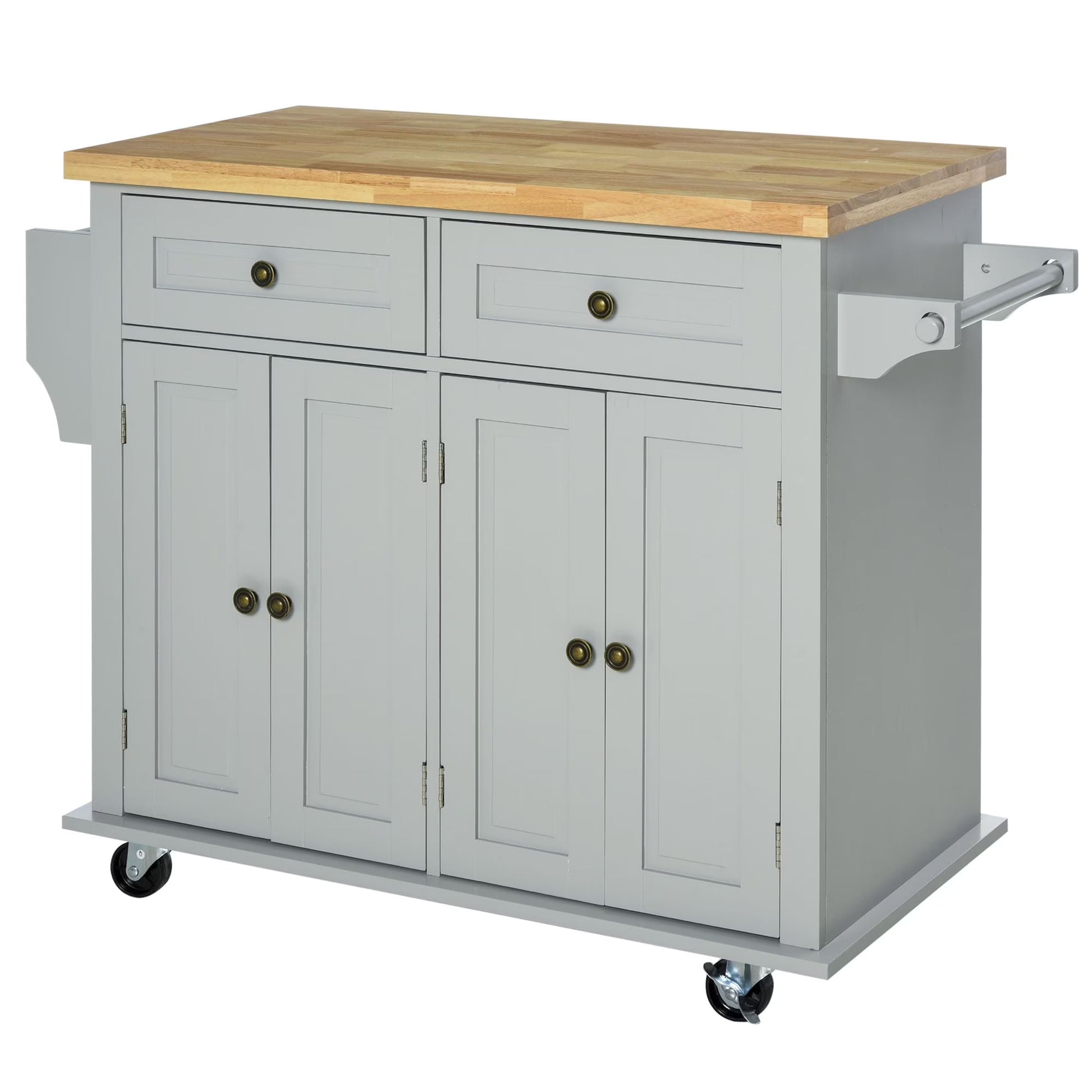 HOMCOM Kitchen Island on Wheels, Rolling Cart with Rubberwood Top, Spice Rack, Towel Rack