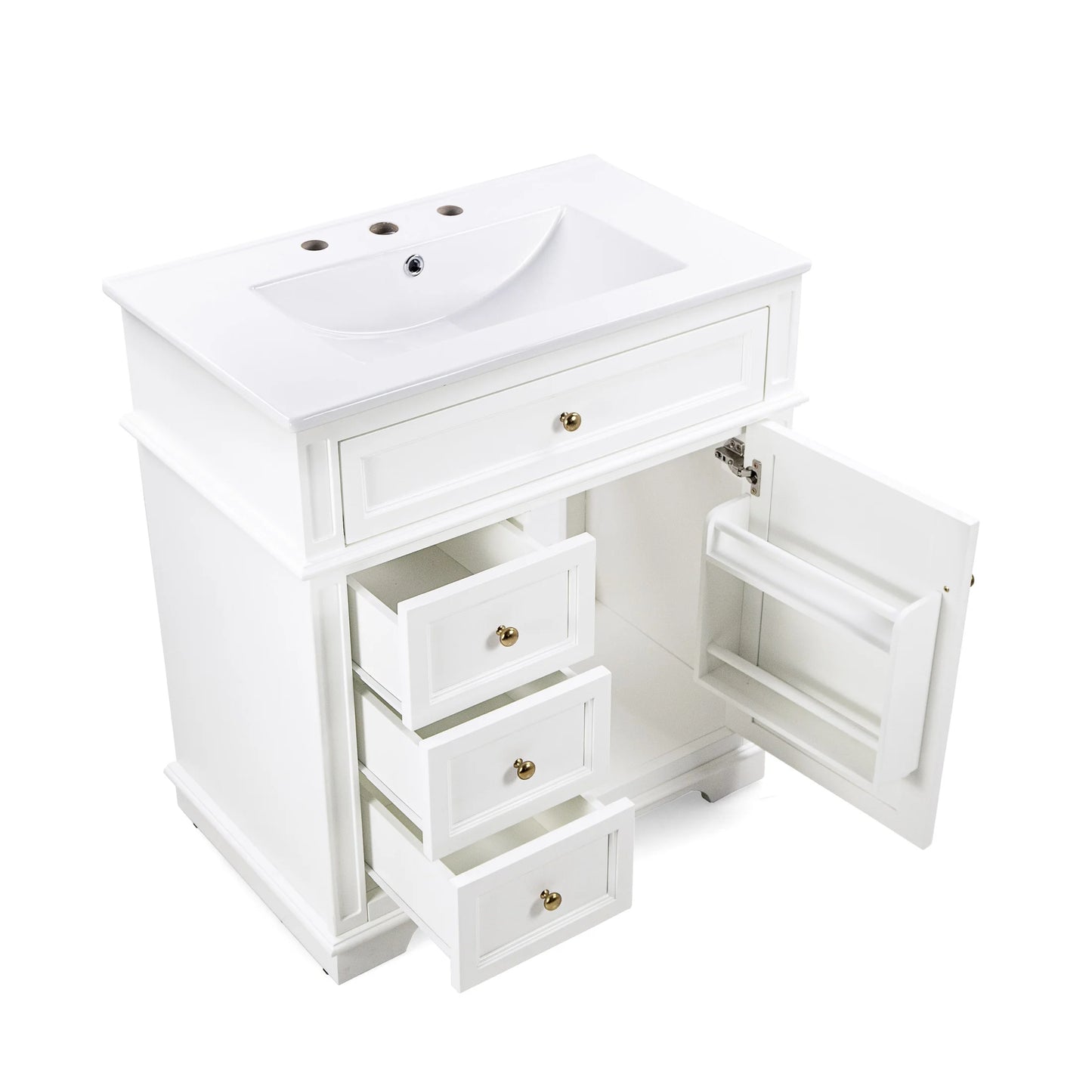 GDF Studio 30" Modern Bathroom Vanity with Sink Combo Set, 3 Drawers and A Tip-out Drawer, Door Shelf, White