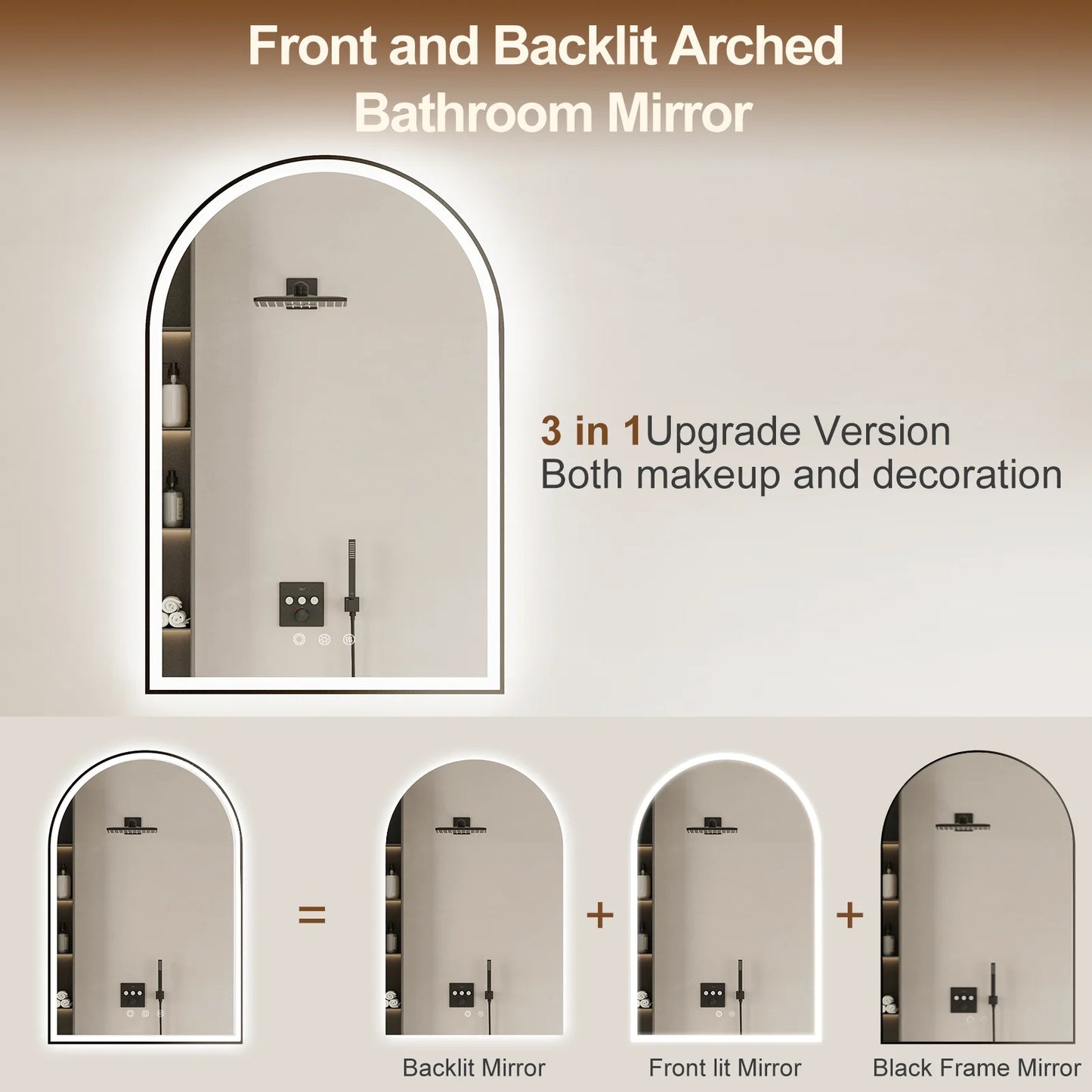Funtouch Arched LED Bathroom Mirror 20"x30" with Front and Backlight, LED Bathroom Mirror with LightsAnti-Fog3 Colors, Memory,Shatterproof,UL Listed