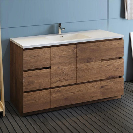 Fresca Lazzaro 60" Rosewood Free Standing Modern Bathroom Cabinet w/Integrated Single Sink