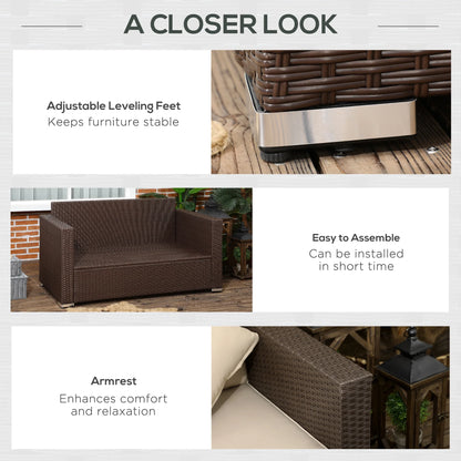 Outsunny Outdoor Wicker Loveseat, Patio Furniture Couch with Cushions, 2 Seats PE Rattan Sofa, 2 Throw Pillows for Porch, Backyard, Pool, Beige
