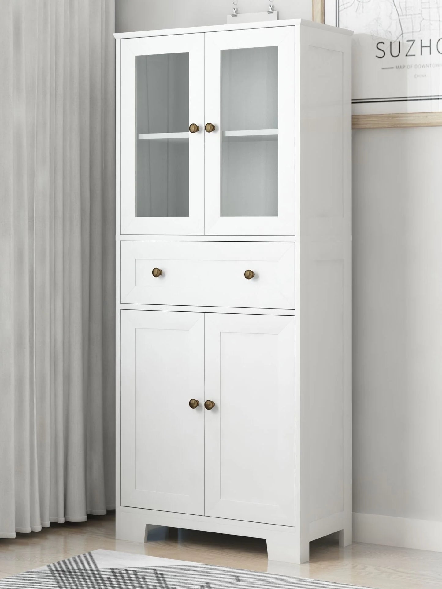Ktaxon 64" Tall Bathroom Storage Cabinet Organizer, Freestanding Kitchen Pantry Cabinet Line Tower with 2 Glass Doors, Large Drawer & 4 Adjustable Shelves for Dining Room Living Room Home Office,White