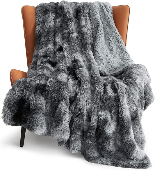 Bedsure Faux Fur Throw Blankets Grey - Tie-Dye Fuzzy Fluffy Super Soft Furry Plush Decorative Comfy Shag Thick Sherpa Shaggy