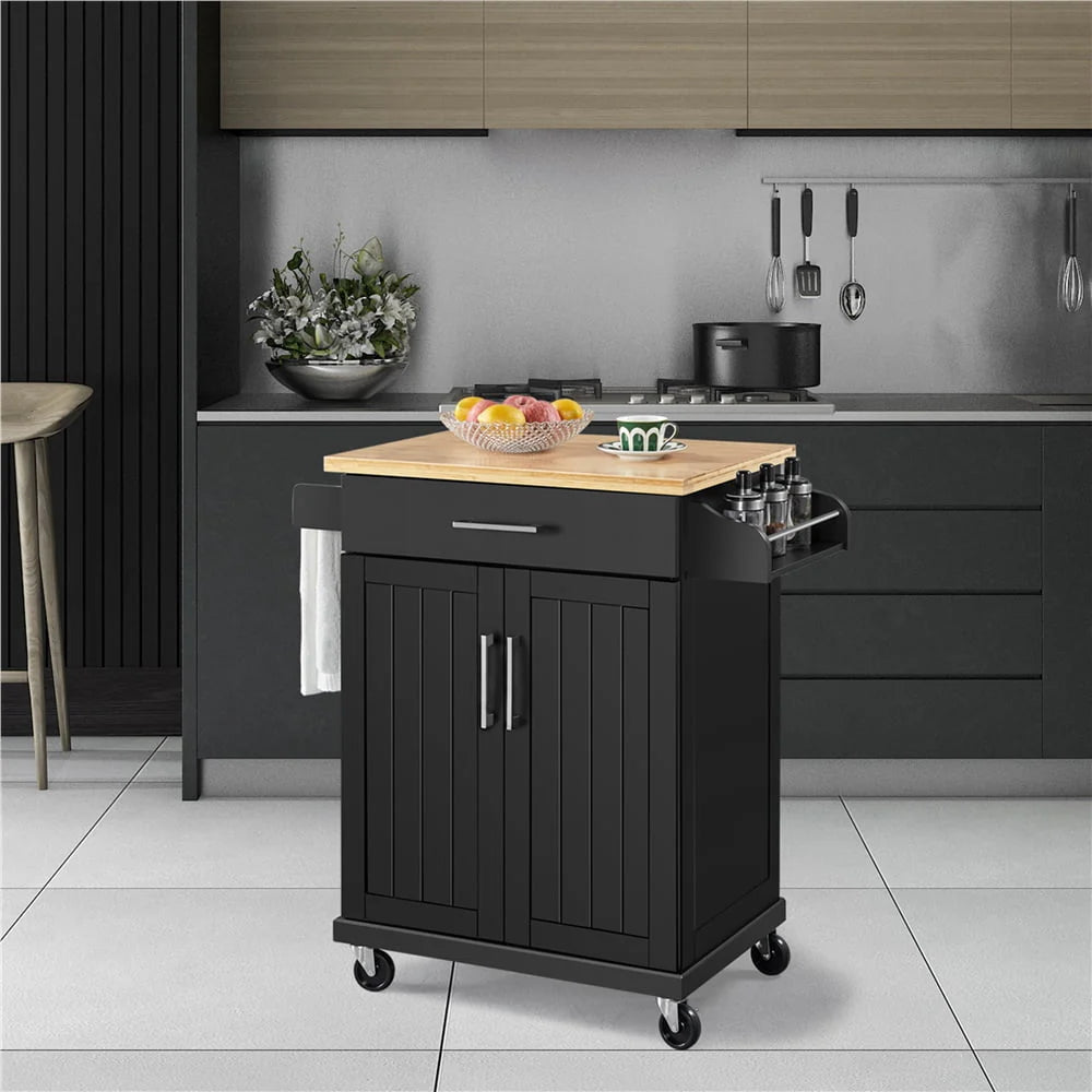 Yaheetech Kitchen Island Cart with Spice Rack Storage Rolling Kitchen Cart with Towel Rack & Drawer for Dining Rooms Kitchens, Black