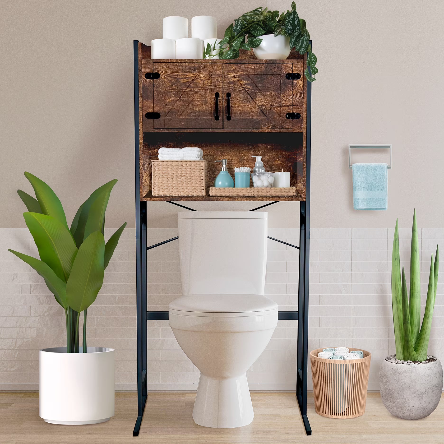 Stephan Roberts Over The Toilet Bathroom and Laundry Organizer and Storage Rack Height Adjustable Shelf, Wood