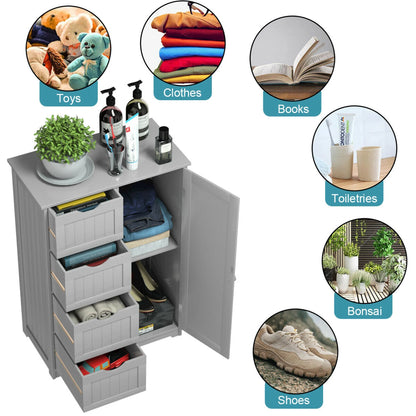 Gymax Bathroom Floor Cabinet Storage Organizer Cupboard w/4 Drawers Adjustable Shelf Grey